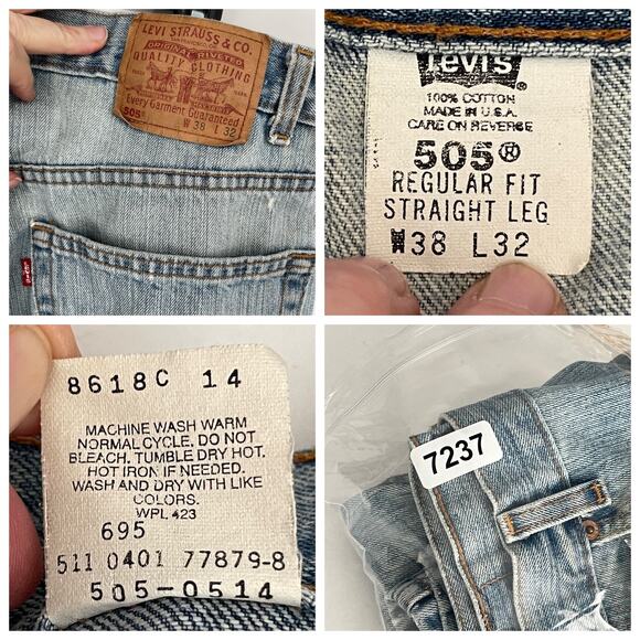 Levi's 505 VINTAGE Straight Leg Black Batwing Light Wash Jeans 38x32 Blue USA - Picture 13 of 13